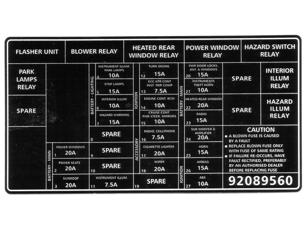 92089560 - DECAL FUSE PANEL VX COMMODORE ford xd wiring diagram 