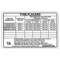 TYRE PLACARD VN 6.0 JJ X 15 V6 P.O. BT1;