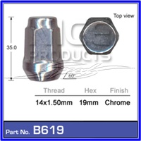 MAG WHEEL NUT VE CHROME WM 14 x 1.5 FLARED TAPERED SHANK WITH 19 MM HEAD