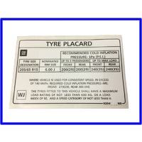 DECAL TYRE PRESSURE PLACARD 205/65/15 VT COMMODORE UP TO 31 8 98
