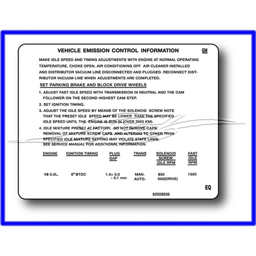 EMISSION DECAL VH VK 5.O LITRE = 92008936