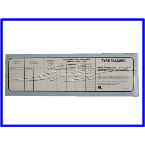 TYRE PLACARD DECAL 15" WHEELS VC VH VK VL