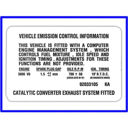 DECAL VEHICLE EMMISION CNTL INFO VN EXCEPT ENGINE UPGRADE GENUINE GMH
