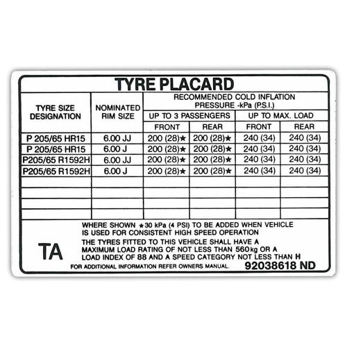 TYRE PLACARD VN 6.0 JJ X 15 V6 P.O. BT1;