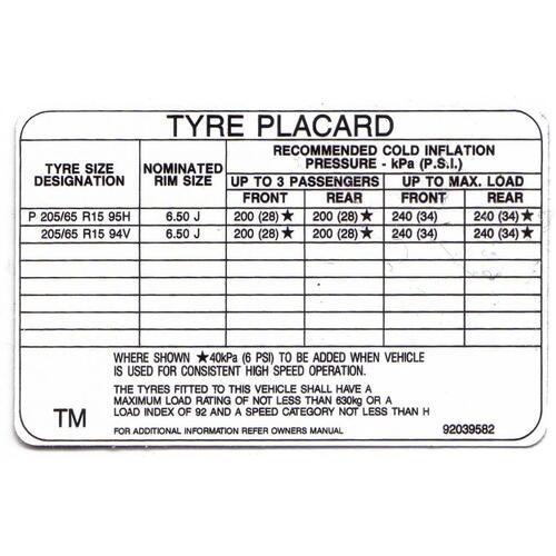 Decal Tyre Placard Commodore VP VR VS GENUINE GMH