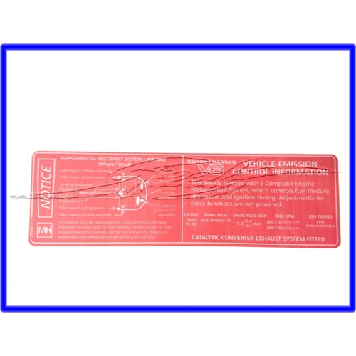 EMISSIONS LABLE DECAL SUPERCHARGED V6 VS VT VX VY WH WK NLA GMH