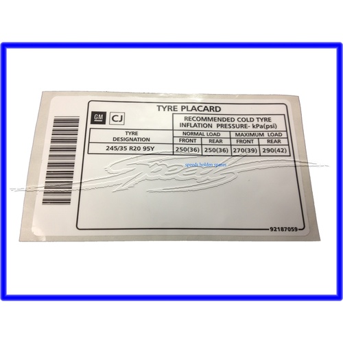 DECAL TYRE PRESSURE PLACARD 245/35/20 VE