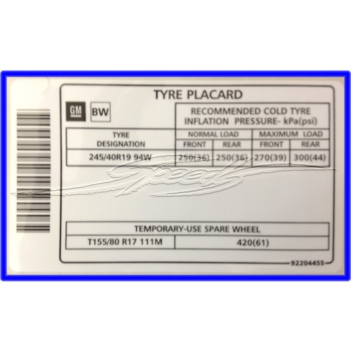 TYRE PLACARD 19 INCH RIM VT VX VY VZ VE VF