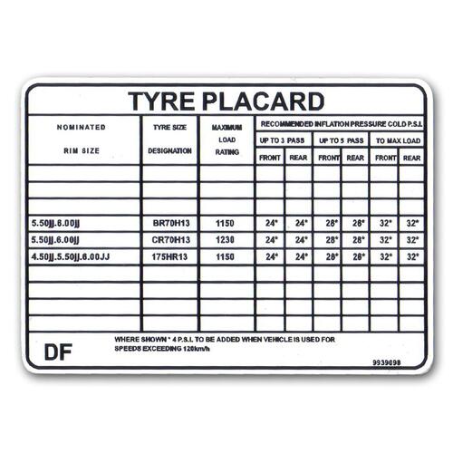 TYRE PLACARD LH 5 LITRE (EXC L34 ENG.)