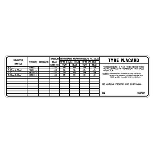 PLACARD TYRE HX VAN ALL UTE WITH AIR V8
