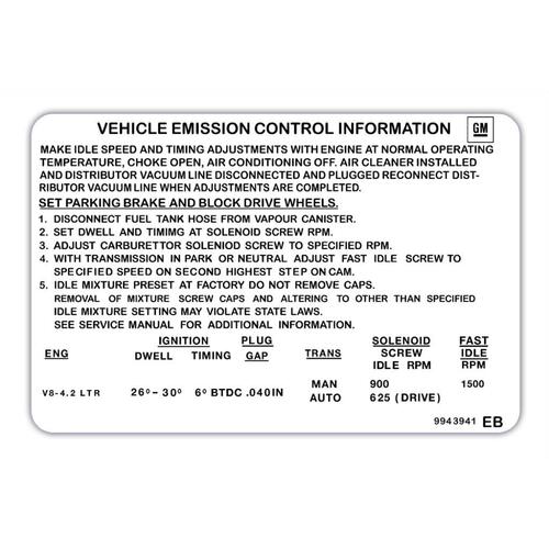 NLA RSP - EMISSION CONTROL DECAL HJ & VC VH HDT 4.2 LITRE 253