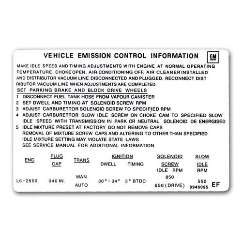 DECAL EMISSION LX TORANA 2850 ENGINE