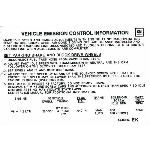 DECAL EMISSION LX TORANA & HZ 4.2 LITRE