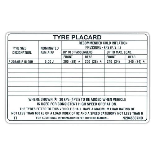 TYRE PLACARD DECAL VR VS 15 INCH WHEELS