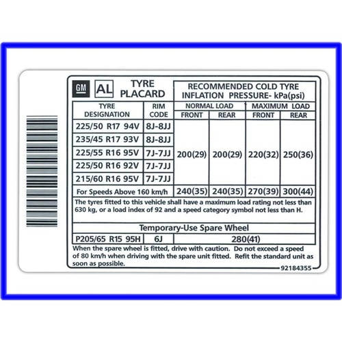 NLA RSP Tyre Placard Decal VZ Comm WL State 16&17inc Whe