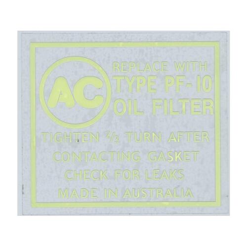 'PF10 AC' OIL FILTER DECAL YELLOW ON BLACK