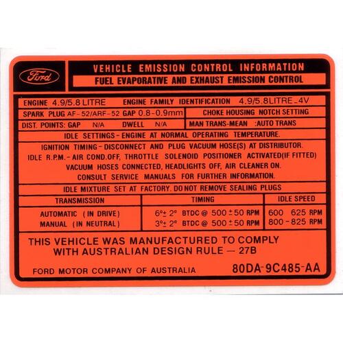 EXHAUST EMISSION DECAL (ORANGE) XD 302/351 (Orange) (80DA-9C485-AA)