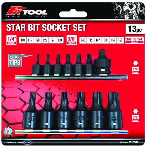 TORX BIT SET 13 PIECE 3/8 to 1/4 adaptor 1/4 DR - T10 T15 T20 T25 T27 T30 3/8 DR - T40, T45, T47, T50, T55, T60