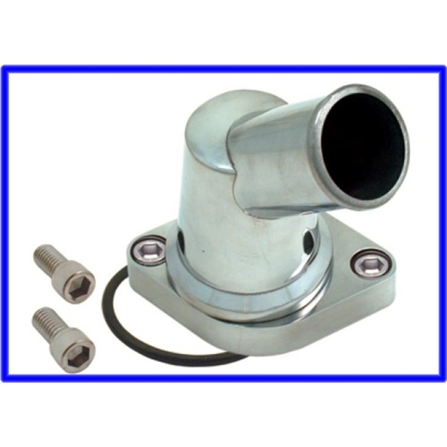 THERMOSTAT HOUSING Polished Aluminum 1966-75 SBC 283-350 45? angle, swivels 360? for customized plumbing setups