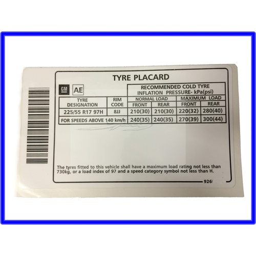 DECAL TYRE PRESSURE PLACARD 225/55 R17