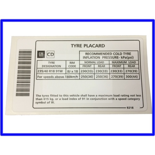 TYRE PRESSURE LABEL DECAL VY VZ 18 INCH