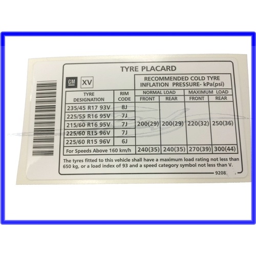 PLACARD-TYRE 15 16 & 17 INCH VN VP VR VS VT VX VY VZ - genuine gmh 92088011